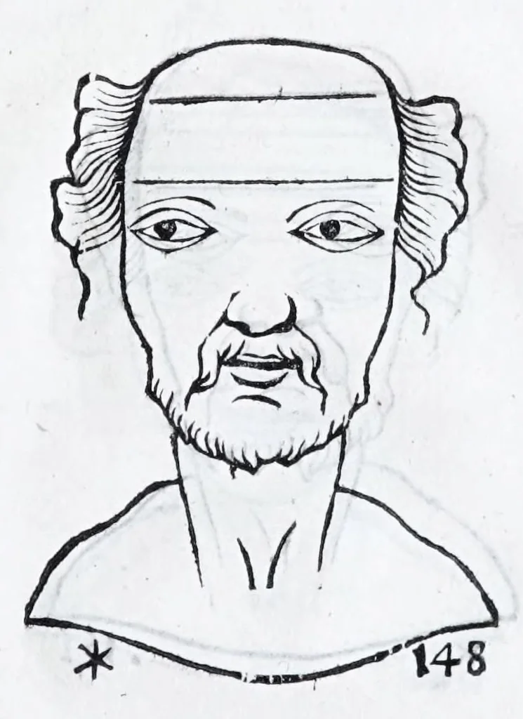 An illustration from La metoposcopie de H. Cardan, medecin milanois : comprise en treize liures, et huit cens figures de la face humaine : a laquelle a esté adjousté, Le traicté des marques naturelles du corps, par Melampus, antien autheur grec : le tout traduit en françois par le sieur C. M. de Laurendiere, docteur en medecine, 1658, leaf 109