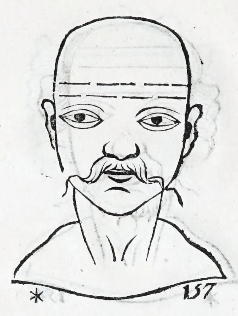 An illustration from La metoposcopie de H. Cardan, medecin milanois : comprise en treize liures, et huit cens figures de la face humaine : a laquelle a esté adjousté, Le traicté des marques naturelles du corps, par Melampus, antien autheur grec : le tout traduit en françois par le sieur C. M. de Laurendiere, docteur en medecine, 1658, leaf 112