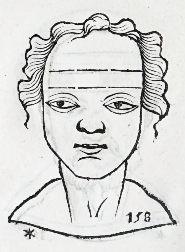 An illustration from La metoposcopie de H. Cardan, medecin milanois : comprise en treize liures, et huit cens figures de la face humaine : a laquelle a esté adjousté, Le traicté des marques naturelles du corps, par Melampus, antien autheur grec : le tout traduit en françois par le sieur C. M. de Laurendiere, docteur en medecine, 1658, leaf 112
