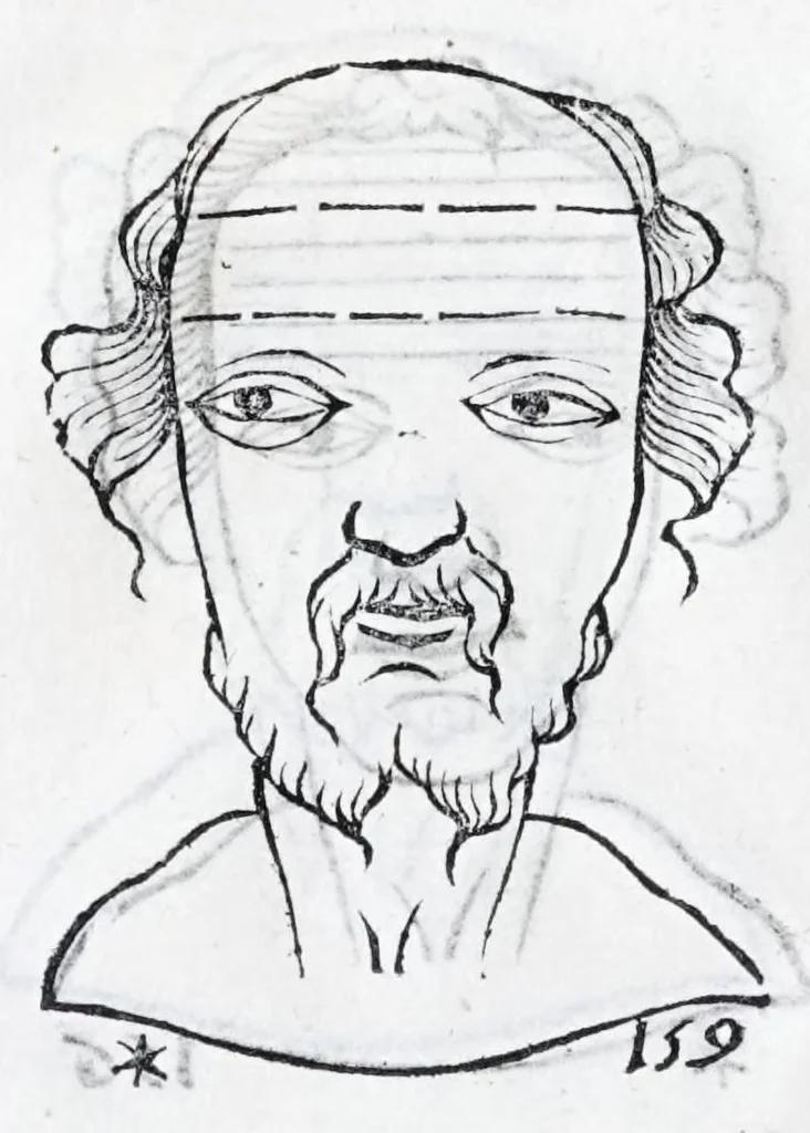 An illustration from La metoposcopie de H. Cardan, medecin milanois : comprise en treize liures, et huit cens figures de la face humaine : a laquelle a esté adjousté, Le traicté des marques naturelles du corps, par Melampus, antien autheur grec : le tout traduit en françois par le sieur C. M. de Laurendiere, docteur en medecine, 1658, leaf 112