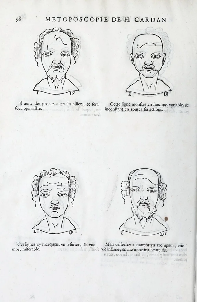 An illustration from La metoposcopie de H. Cardan, medecin milanois : comprise en treize liures, et huit cens figures de la face humaine : a laquelle a esté adjousté, Le traicté des marques naturelles du corps, par Melampus, antien autheur grec : le tout traduit en françois par le sieur C. M. de Laurendiere, docteur en medecine, 1658, leaf 118