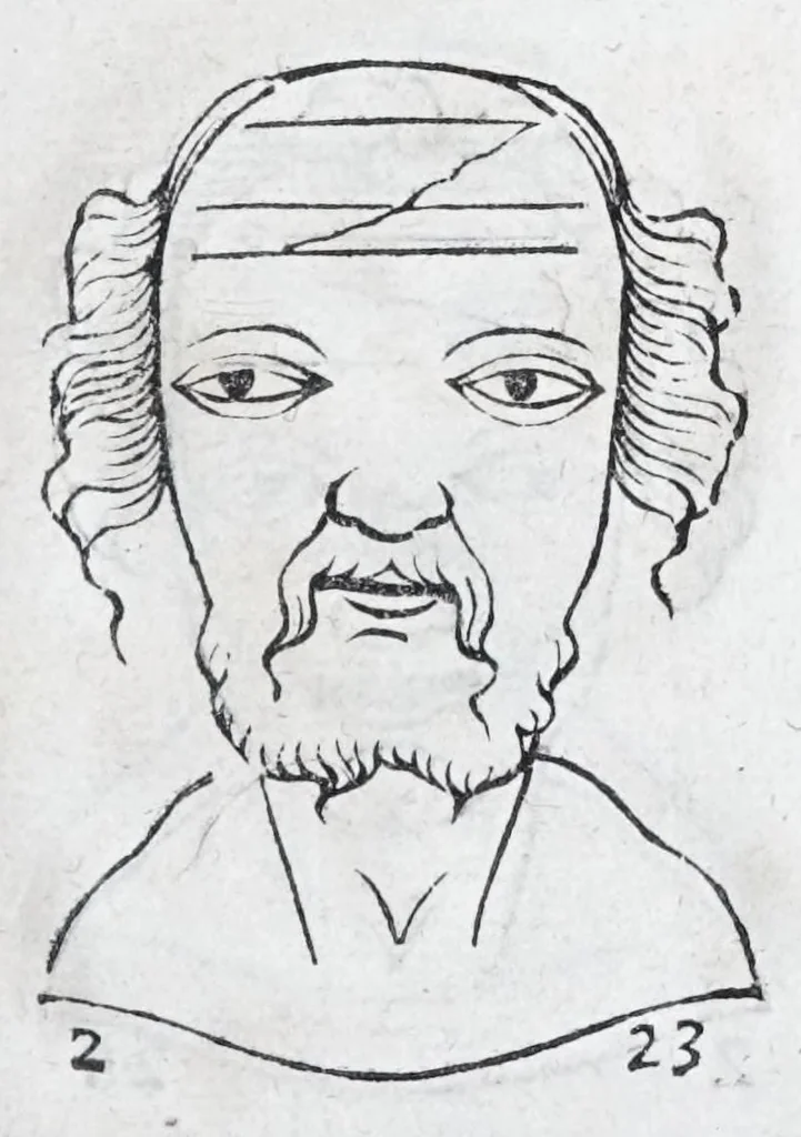 An illustration from La metoposcopie de H. Cardan, medecin milanois : comprise en treize liures, et huit cens figures de la face humaine : a laquelle a esté adjousté, Le traicté des marques naturelles du corps, par Melampus, antien autheur grec : le tout traduit en françois par le sieur C. M. de Laurendiere, docteur en medecine, 1658, leaf 169