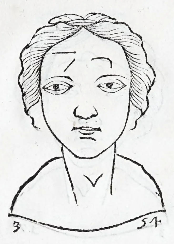 An illustration from La metoposcopie de H. Cardan, medecin milanois : comprise en treize liures, et huit cens figures de la face humaine : a laquelle a esté adjousté, Le traicté des marques naturelles du corps, par Melampus, antien autheur grec : le tout traduit en françois par le sieur C. M. de Laurendiere, docteur en medecine, 1658, leaf 187