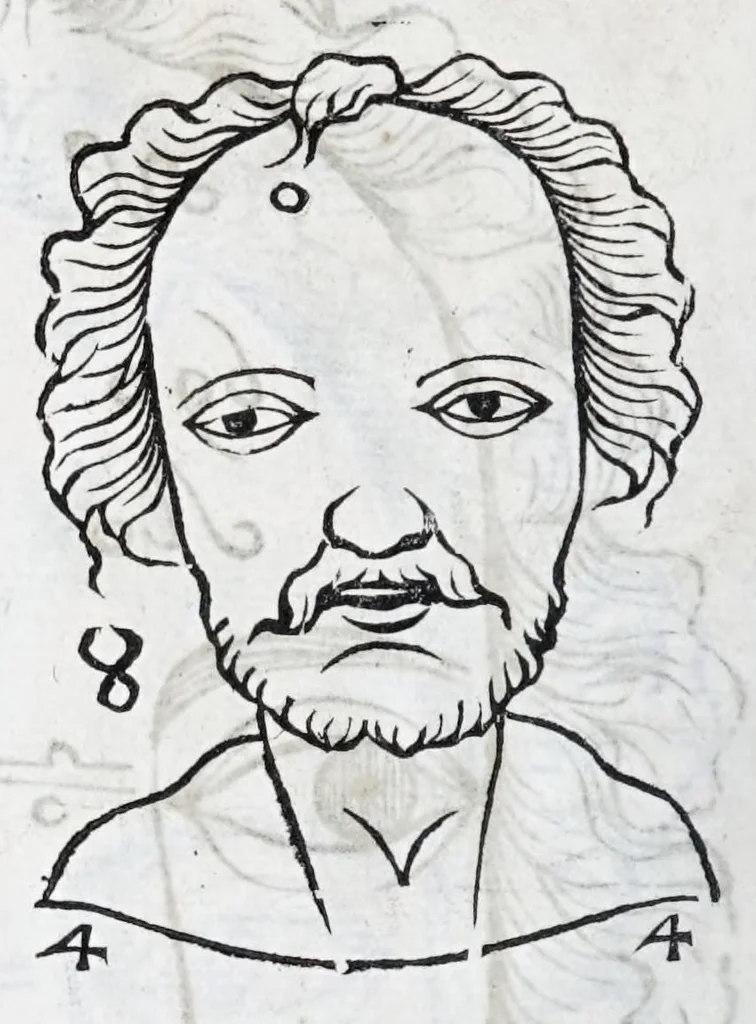 An illustration from La metoposcopie de H. Cardan, medecin milanois : comprise en treize liures, et huit cens figures de la face humaine : a laquelle a esté adjousté, Le traicté des marques naturelles du corps, par Melampus, antien autheur grec : le tout traduit en françois par le sieur C. M. de Laurendiere, docteur en medecine, 1658, leaf 204