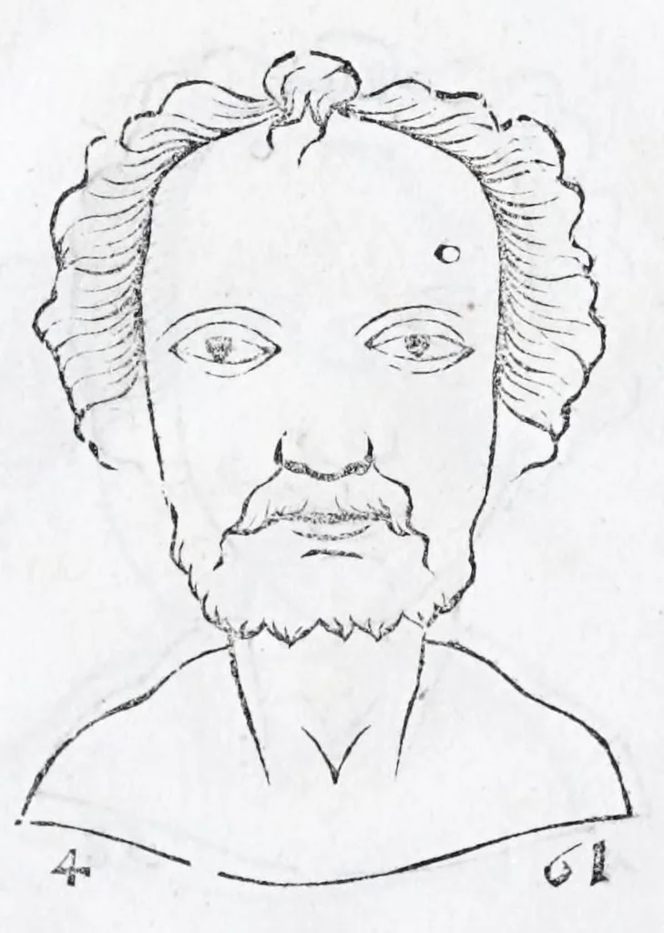 An illustration from La metoposcopie de H. Cardan, medecin milanois : comprise en treize liures, et huit cens figures de la face humaine : a laquelle a esté adjousté, Le traicté des marques naturelles du corps, par Melampus, antien autheur grec : le tout traduit en françois par le sieur C. M. de Laurendiere, docteur en medecine, 1658, leaf 218