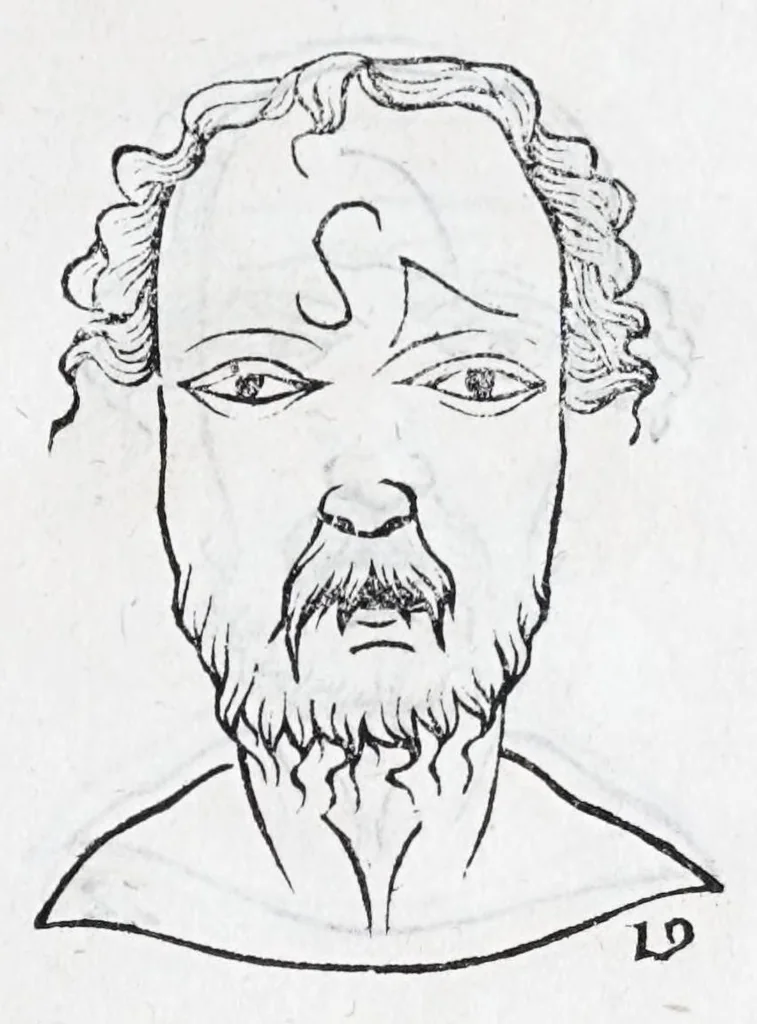 An illustration from La metoposcopie de H. Cardan, medecin milanois : comprise en treize liures, et huit cens figures de la face humaine : a laquelle a esté adjousté, Le traicté des marques naturelles du corps, par Melampus, antien autheur grec : le tout traduit en françois par le sieur C. M. de Laurendiere, docteur en medecine, 1658, leaf 27