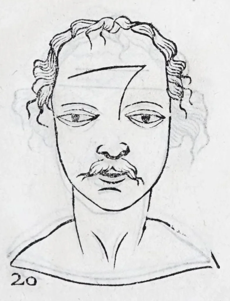 An illustration from La metoposcopie de H. Cardan, medecin milanois : comprise en treize liures, et huit cens figures de la face humaine : a laquelle a esté adjousté, Le traicté des marques naturelles du corps, par Melampus, antien autheur grec : le tout traduit en françois par le sieur C. M. de Laurendiere, docteur en medecine, 1658, leaf 27