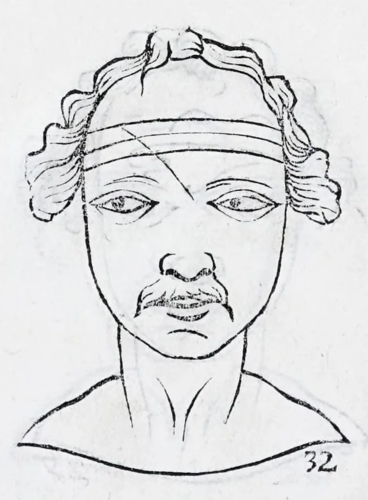 An illustration from La metoposcopie de H. Cardan, medecin milanois : comprise en treize liures, et huit cens figures de la face humaine : a laquelle a esté adjousté, Le traicté des marques naturelles du corps, par Melampus, antien autheur grec : le tout traduit en françois par le sieur C. M. de Laurendiere, docteur en medecine, 1658, leaf 30