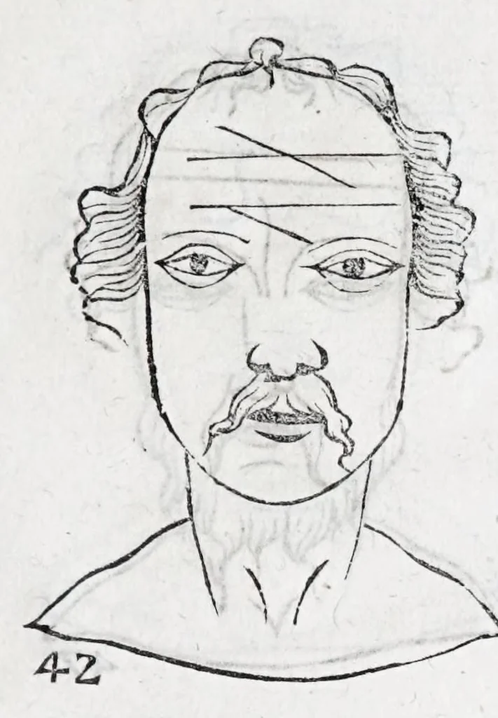 An illustration from La metoposcopie de H. Cardan, medecin milanois : comprise en treize liures, et huit cens figures de la face humaine : a laquelle a esté adjousté, Le traicté des marques naturelles du corps, par Melampus, antien autheur grec : le tout traduit en françois par le sieur C. M. de Laurendiere, docteur en medecine, 1658, leaf 33