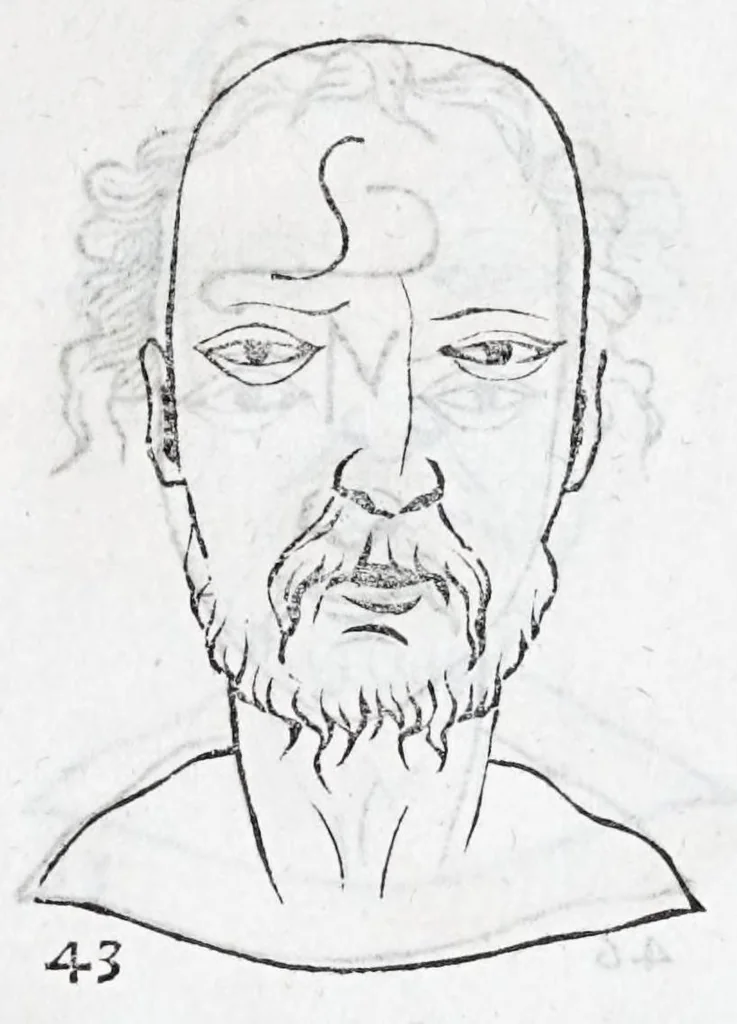 An illustration from La metoposcopie de H. Cardan, medecin milanois : comprise en treize liures, et huit cens figures de la face humaine : a laquelle a esté adjousté, Le traicté des marques naturelles du corps, par Melampus, antien autheur grec : le tout traduit en françois par le sieur C. M. de Laurendiere, docteur en medecine, 1658, leaf 33
