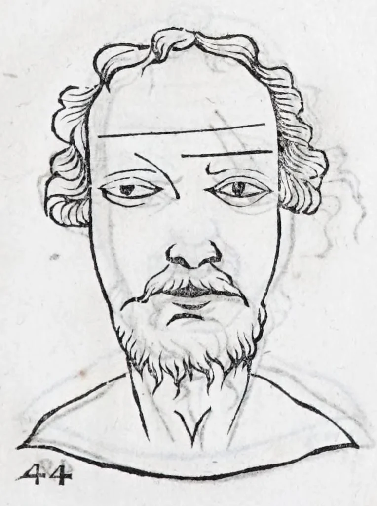An illustration from La metoposcopie de H. Cardan, medecin milanois : comprise en treize liures, et huit cens figures de la face humaine : a laquelle a esté adjousté, Le traicté des marques naturelles du corps, par Melampus, antien autheur grec : le tout traduit en françois par le sieur C. M. de Laurendiere, docteur en medecine, 1658, leaf 33