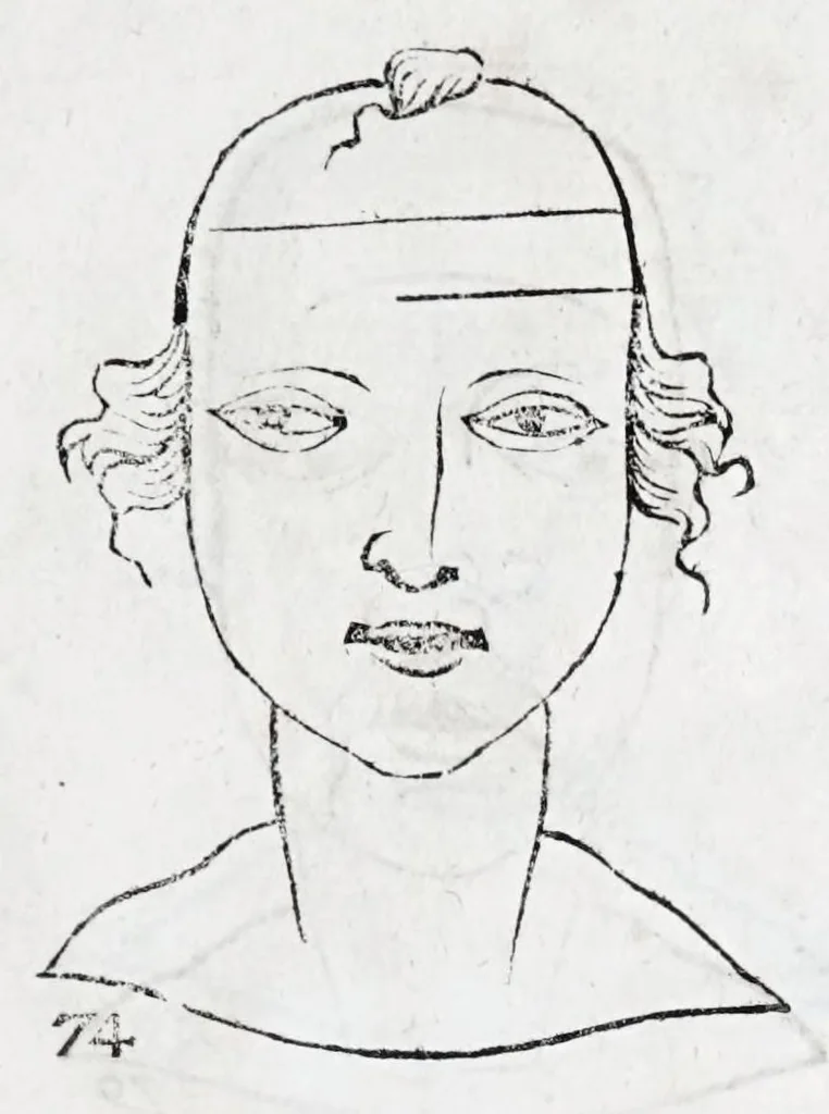 An illustration from La metoposcopie de H. Cardan, medecin milanois : comprise en treize liures, et huit cens figures de la face humaine : a laquelle a esté adjousté, Le traicté des marques naturelles du corps, par Melampus, antien autheur grec : le tout traduit en françois par le sieur C. M. de Laurendiere, docteur en medecine, 1658, leaf 41