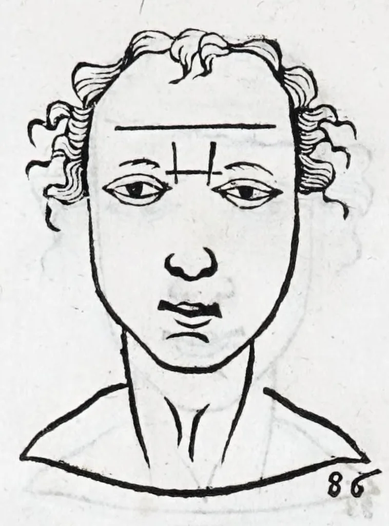 An illustration from La metoposcopie de H. Cardan, medecin milanois : comprise en treize liures, et huit cens figures de la face humaine : a laquelle a esté adjousté, Le traicté des marques naturelles du corps, par Melampus, antien autheur grec : le tout traduit en françois par le sieur C. M. de Laurendiere, docteur en medecine, 1658, leaf 44