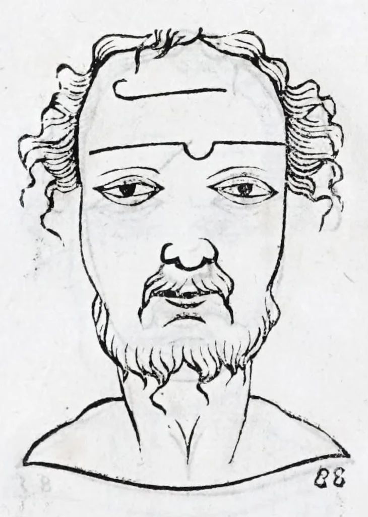 An illustration from La metoposcopie de H. Cardan, medecin milanois : comprise en treize liures, et huit cens figures de la face humaine : a laquelle a esté adjousté, Le traicté des marques naturelles du corps, par Melampus, antien autheur grec : le tout traduit en françois par le sieur C. M. de Laurendiere, docteur en medecine, 1658, leaf 44