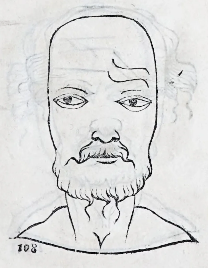 An illustration from La metoposcopie de H. Cardan, medecin milanois : comprise en treize liures, et huit cens figures de la face humaine : a laquelle a esté adjousté, Le traicté des marques naturelles du corps, par Melampus, antien autheur grec : le tout traduit en françois par le sieur C. M. de Laurendiere, docteur en medecine, 1658, leaf 49