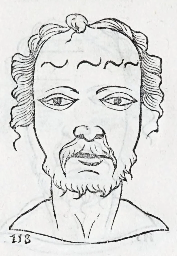 An illustration from La metoposcopie de H. Cardan, medecin milanois : comprise en treize liures, et huit cens figures de la face humaine : a laquelle a esté adjousté, Le traicté des marques naturelles du corps, par Melampus, antien autheur grec : le tout traduit en françois par le sieur C. M. de Laurendiere, docteur en medecine, 1658, leaf 52