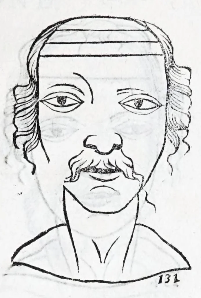 An illustration from La metoposcopie de H. Cardan, medecin milanois : comprise en treize liures, et huit cens figures de la face humaine : a laquelle a esté adjousté, Le traicté des marques naturelles du corps, par Melampus, antien autheur grec : le tout traduit en françois par le sieur C. M. de Laurendiere, docteur en medecine, 1658, leaf 55