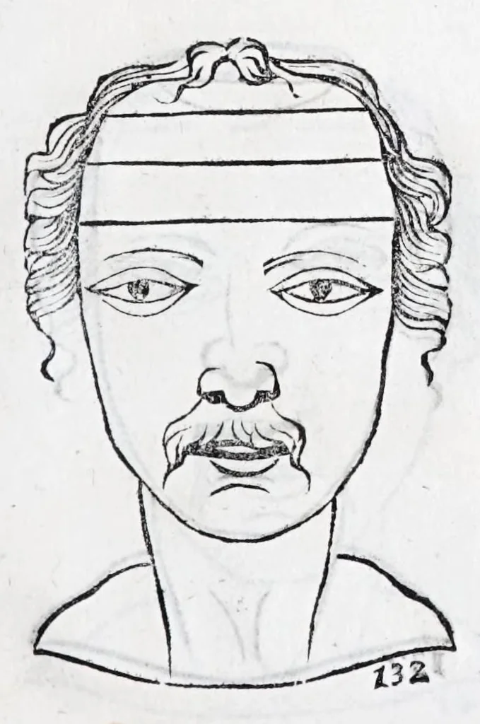 An illustration from La metoposcopie de H. Cardan, medecin milanois : comprise en treize liures, et huit cens figures de la face humaine : a laquelle a esté adjousté, Le traicté des marques naturelles du corps, par Melampus, antien autheur grec : le tout traduit en françois par le sieur C. M. de Laurendiere, docteur en medecine, 1658, leaf 55