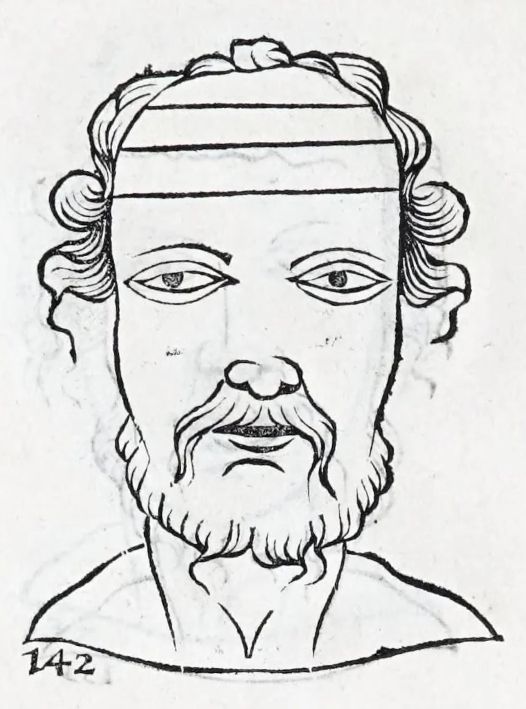 An illustration from La metoposcopie de H. Cardan, medecin milanois : comprise en treize liures, et huit cens figures de la face humaine : a laquelle a esté adjousté, Le traicté des marques naturelles du corps, par Melampus, antien autheur grec : le tout traduit en françois par le sieur C. M. de Laurendiere, docteur en medecine, 1658, leaf 58