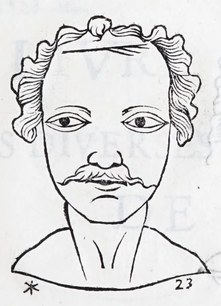 An illustration from La metoposcopie de H. Cardan, medecin milanois : comprise en treize liures, et huit cens figures de la face humaine : a laquelle a esté adjousté, Le traicté des marques naturelles du corps, par Melampus, antien autheur grec : le tout traduit en françois par le sieur C. M. de Laurendiere, docteur en medecine, 1658, leaf 67