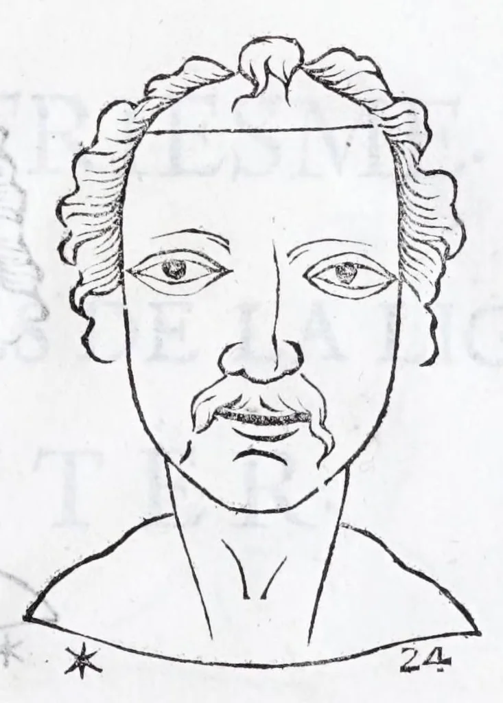 An illustration from La metoposcopie de H. Cardan, medecin milanois : comprise en treize liures, et huit cens figures de la face humaine : a laquelle a esté adjousté, Le traicté des marques naturelles du corps, par Melampus, antien autheur grec : le tout traduit en françois par le sieur C. M. de Laurendiere, docteur en medecine, 1658, leaf 67