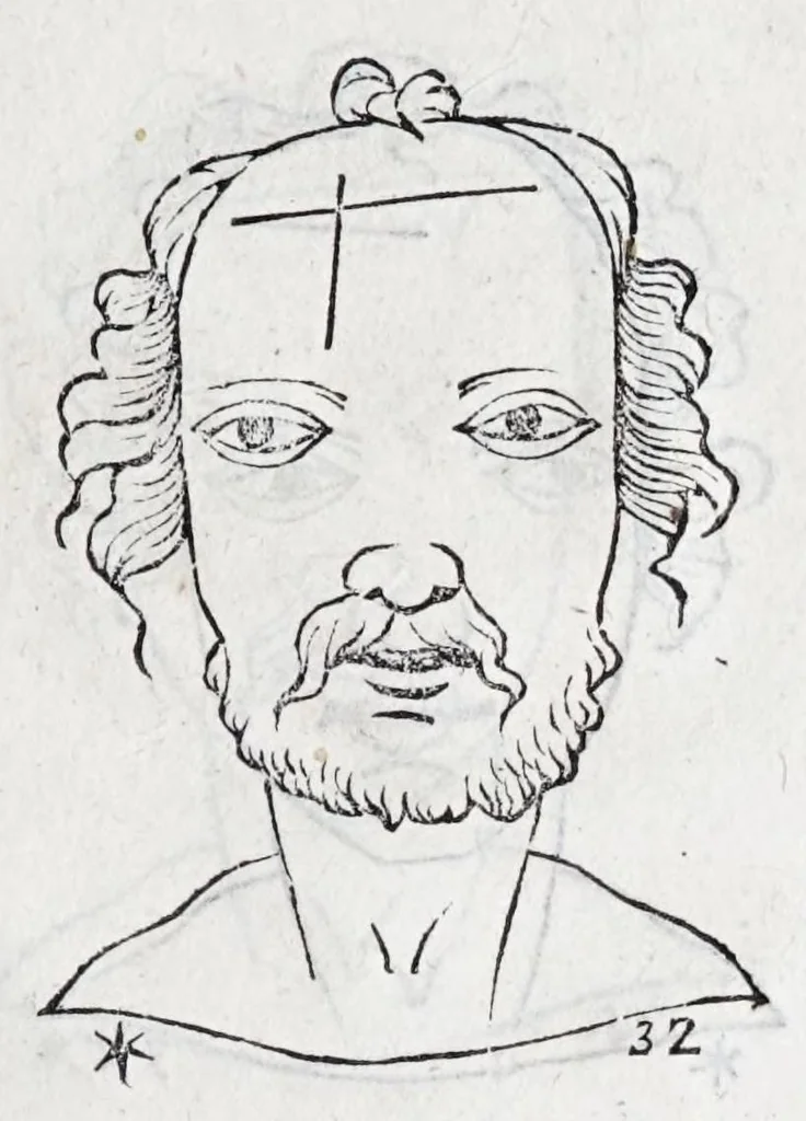 An illustration from La metoposcopie de H. Cardan, medecin milanois : comprise en treize liures, et huit cens figures de la face humaine : a laquelle a esté adjousté, Le traicté des marques naturelles du corps, par Melampus, antien autheur grec : le tout traduit en françois par le sieur C. M. de Laurendiere, docteur en medecine, 1658, leaf 71