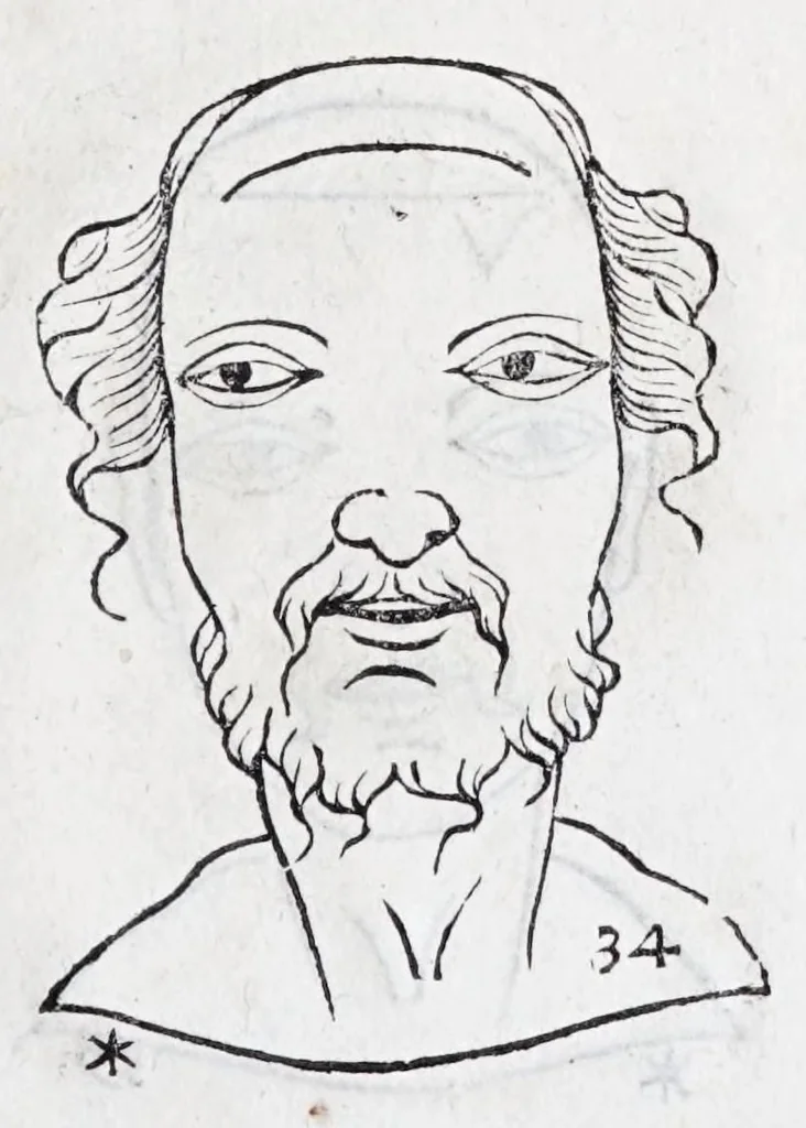 An illustration from La metoposcopie de H. Cardan, medecin milanois : comprise en treize liures, et huit cens figures de la face humaine : a laquelle a esté adjousté, Le traicté des marques naturelles du corps, par Melampus, antien autheur grec : le tout traduit en françois par le sieur C. M. de Laurendiere, docteur en medecine, 1658, leaf 71