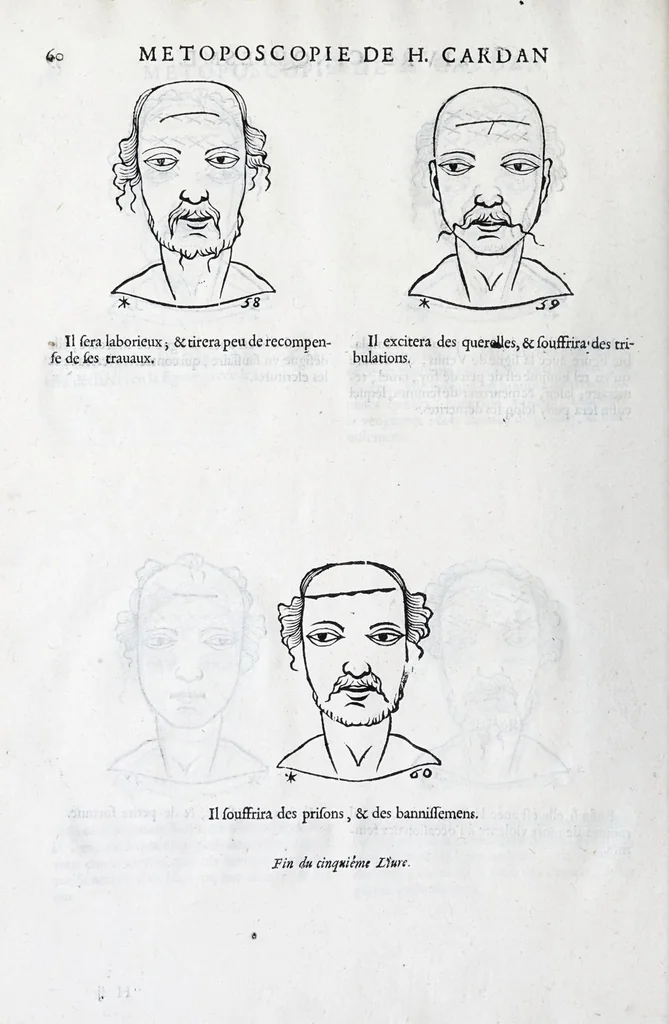 An illustration from La metoposcopie de H. Cardan, medecin milanois : comprise en treize liures, et huit cens figures de la face humaine : a laquelle a esté adjousté, Le traicté des marques naturelles du corps, par Melampus, antien autheur grec : le tout traduit en françois par le sieur C. M. de Laurendiere, docteur en medecine, 1658, leaf 80