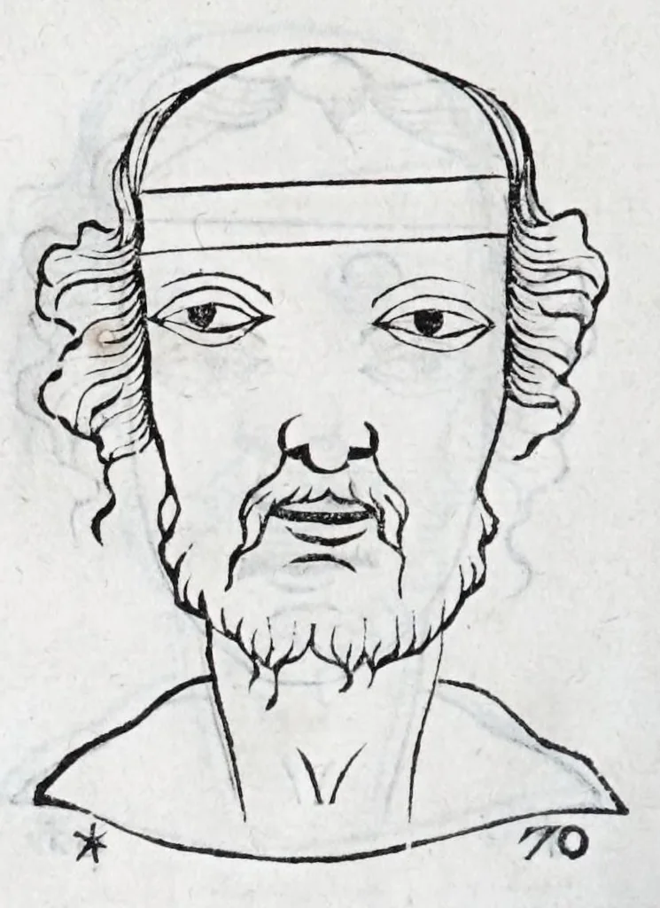 An illustration from La metoposcopie de H. Cardan, medecin milanois : comprise en treize liures, et huit cens figures de la face humaine : a laquelle a esté adjousté, Le traicté des marques naturelles du corps, par Melampus, antien autheur grec : le tout traduit en françois par le sieur C. M. de Laurendiere, docteur en medecine, 1658, leaf 84