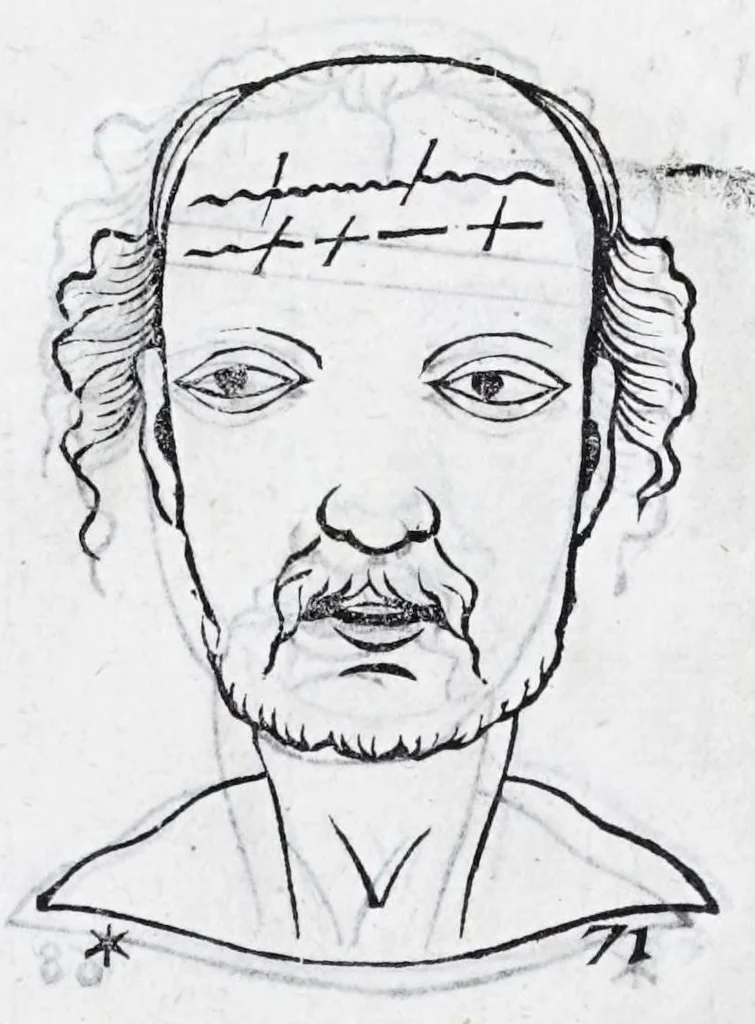 An illustration from La metoposcopie de H. Cardan, medecin milanois : comprise en treize liures, et huit cens figures de la face humaine : a laquelle a esté adjousté, Le traicté des marques naturelles du corps, par Melampus, antien autheur grec : le tout traduit en françois par le sieur C. M. de Laurendiere, docteur en medecine, 1658, leaf 84