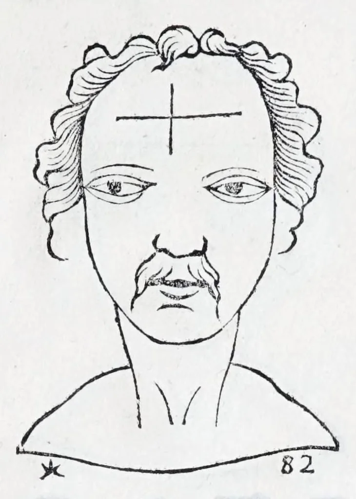 An illustration from La metoposcopie de H. Cardan, medecin milanois : comprise en treize liures, et huit cens figures de la face humaine : a laquelle a esté adjousté, Le traicté des marques naturelles du corps, par Melampus, antien autheur grec : le tout traduit en françois par le sieur C. M. de Laurendiere, docteur en medecine, 1658, leaf 87