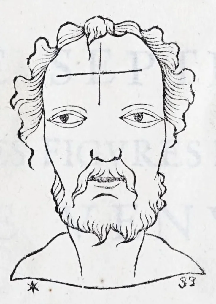 An illustration from La metoposcopie de H. Cardan, medecin milanois : comprise en treize liures, et huit cens figures de la face humaine : a laquelle a esté adjousté, Le traicté des marques naturelles du corps, par Melampus, antien autheur grec : le tout traduit en françois par le sieur C. M. de Laurendiere, docteur en medecine, 1658, leaf 87