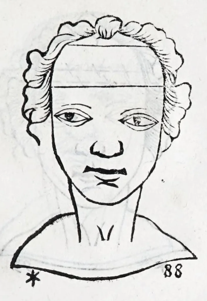 An illustration from La metoposcopie de H. Cardan, medecin milanois : comprise en treize liures, et huit cens figures de la face humaine : a laquelle a esté adjousté, Le traicté des marques naturelles du corps, par Melampus, antien autheur grec : le tout traduit en françois par le sieur C. M. de Laurendiere, docteur en medecine, 1658, leaf 91
