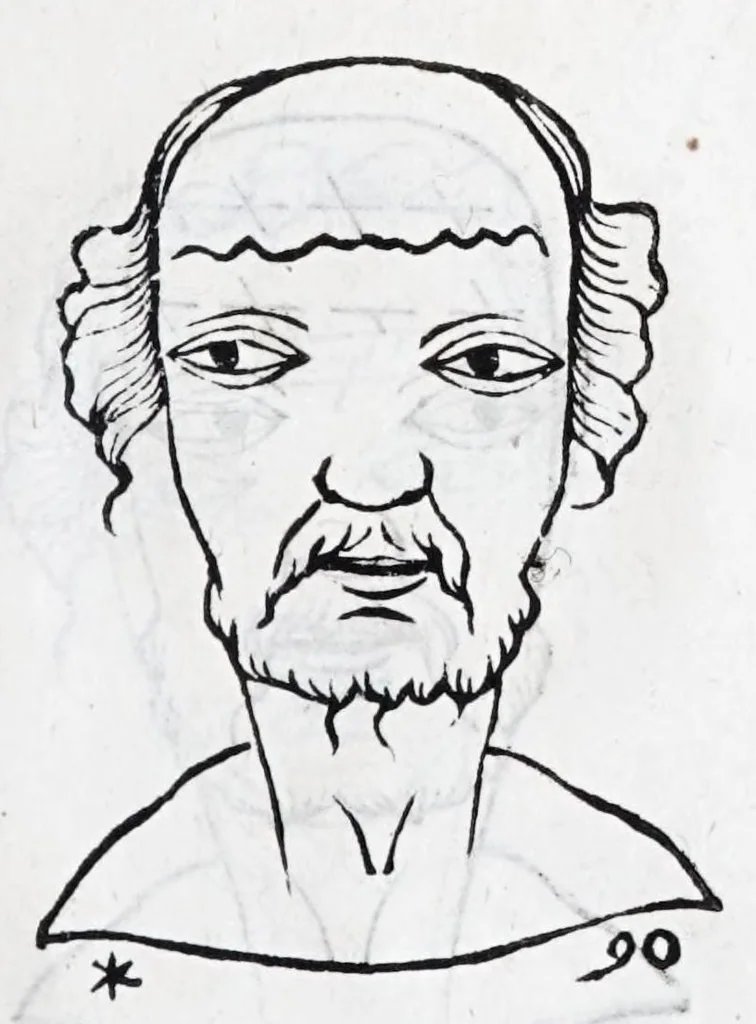An illustration from La metoposcopie de H. Cardan, medecin milanois : comprise en treize liures, et huit cens figures de la face humaine : a laquelle a esté adjousté, Le traicté des marques naturelles du corps, par Melampus, antien autheur grec : le tout traduit en françois par le sieur C. M. de Laurendiere, docteur en medecine, 1658, leaf 91