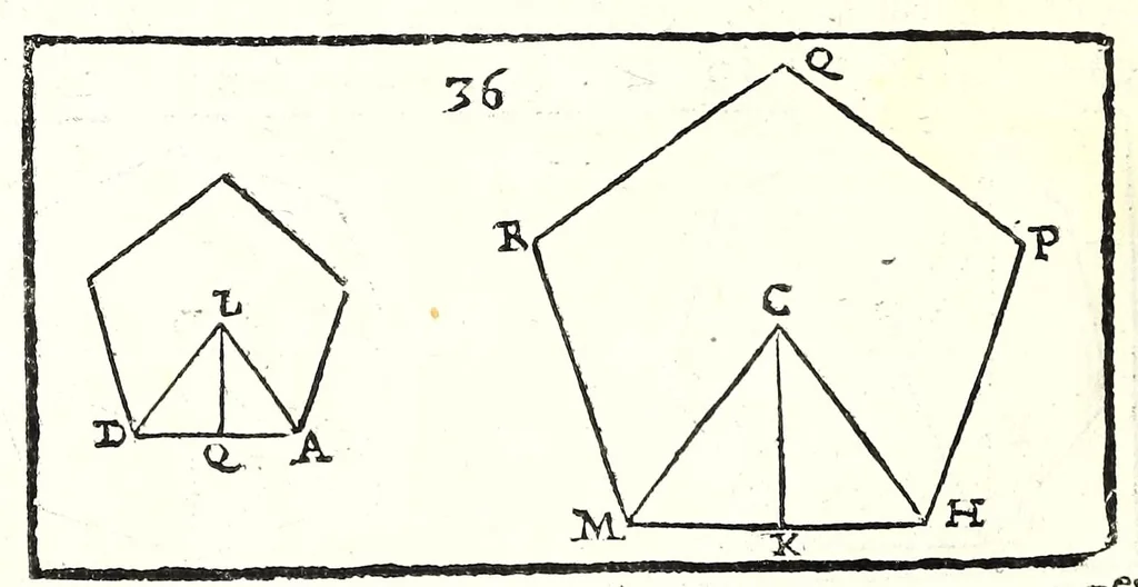 An illustration from La militare architettura, ouero, Fortificatione moderna : cauata dall'esperienza, e da varie maniere più pratticabili, con le regole principali dell'aritmetica, e dottrina de' triangoli spettante all'arte, espugnatione, e guardia delle piazze, et vn trattato dell'arte militare del capitan Pietro Ruggiero .., 1661, leaf 74