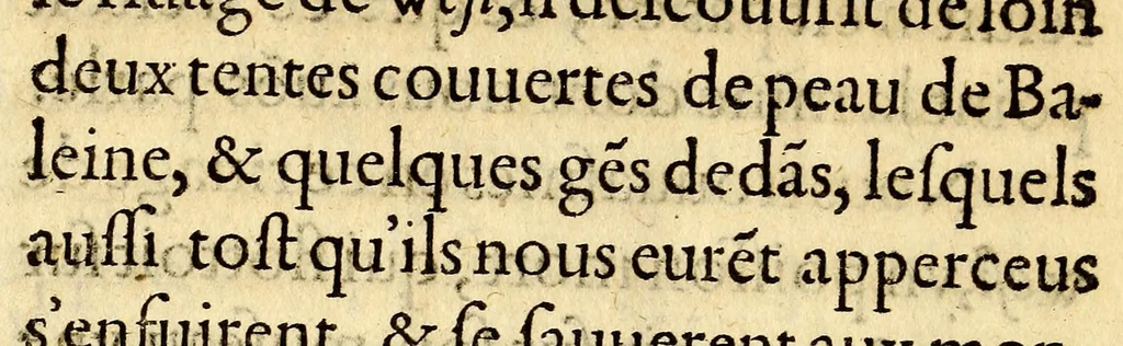 An illustration from La nauigation du capitaine Martin Forbisher [sic] Anglois, és regions de west & nordwest, en l'année M.D. LXXVII. : Contenant les moeurs & façons de viure des peuples, & habita[n]s d'icelles, auec le portraict de leurs habits & armes, & autres choses memorables & singulieres, du tout incognues par deça, 1578, leaf 46
