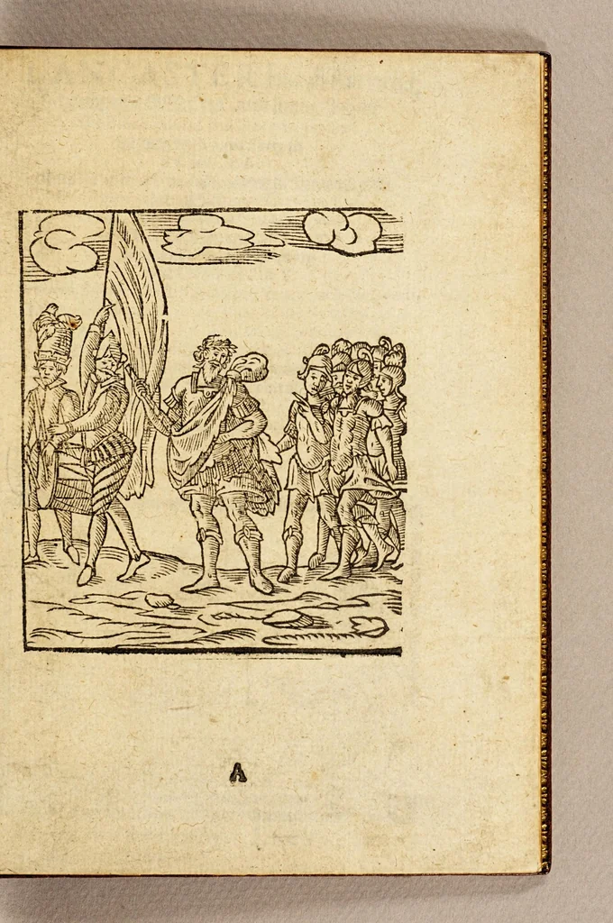 An illustration from Lancaster his allarums, honorable assaultes, and supprising of the block-houses and store-houses belonging to Fernand Bucke in Brasill. : With his braue attempt in landing in the mouth of the ordinaunce there, which were cannons culuering, cannon periall and sacres of brasse, with other sundry his most resolute and braue attempts in that country. From whence he laded of their spoyles and rich commodities he there found fifteene good ships, which was sinemon, sugar, pepper, cloues, mace, callow-cloth and brassel-wood with other commodities. With the names of such men of worth hauing charge within this most honorable attempt lost their liues. Published for their eternall honor., 1595, leaf 9
