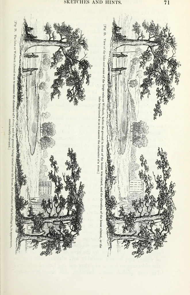 An illustration from The landscape gardening and landscape architecture of the late Humphry Repton, esq., being his entire works on these subjects : ...with historical and scientific introduction, a systematic analysis, a biographical notice, notes, and copious alphabetical index, 1840, leaf 112