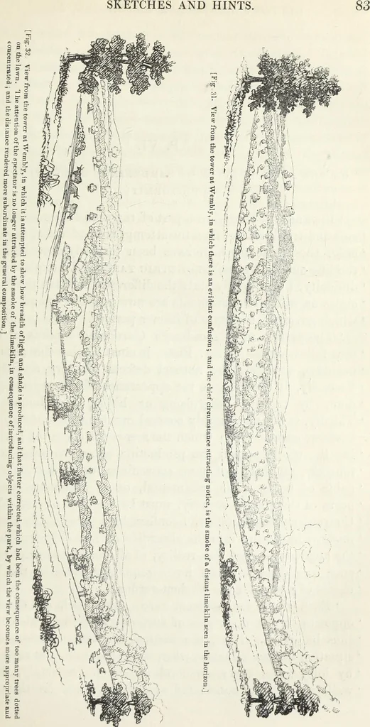 An illustration from The landscape gardening and landscape architecture of the late Humphry Repton, esq., being his entire works on these subjects : ...with historical and scientific introduction, a systematic analysis, a biographical notice, notes, and copious alphabetical index, 1840, leaf 124