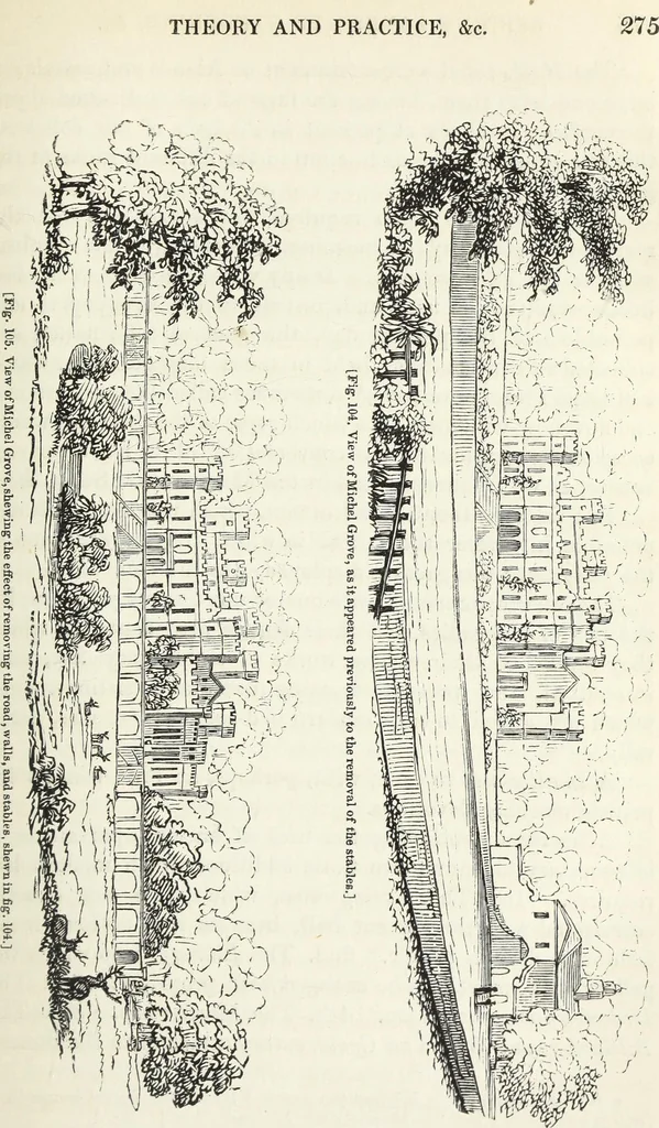 An illustration from The landscape gardening and landscape architecture of the late Humphry Repton, esq., being his entire works on these subjects : ...with historical and scientific introduction, a systematic analysis, a biographical notice, notes, and copious alphabetical index, 1840, leaf 316