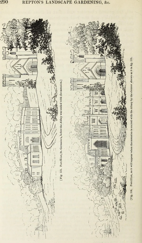 An illustration from The landscape gardening and landscape architecture of the late Humphry Repton, esq., being his entire works on these subjects : ...with historical and scientific introduction, a systematic analysis, a biographical notice, notes, and copious alphabetical index, 1840, leaf 331