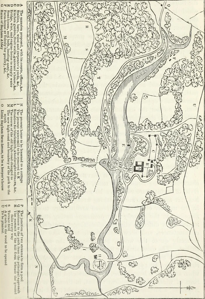 An illustration from The landscape gardening and landscape architecture of the late Humphry Repton, esq., being his entire works on these subjects : ...with historical and scientific introduction, a systematic analysis, a biographical notice, notes, and copious alphabetical index, 1840, leaf 342