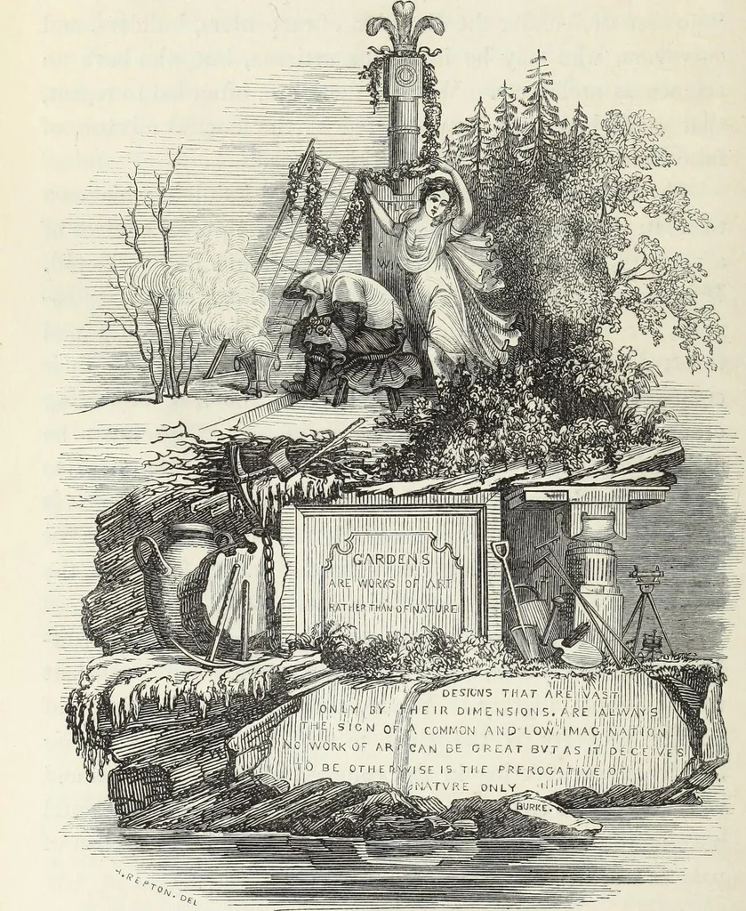 An illustration from The landscape gardening and landscape architecture of the late Humphry Repton, esq., being his entire works on these subjects : ...with historical and scientific introduction, a systematic analysis, a biographical notice, notes, and copious alphabetical index, 1840, leaf 415