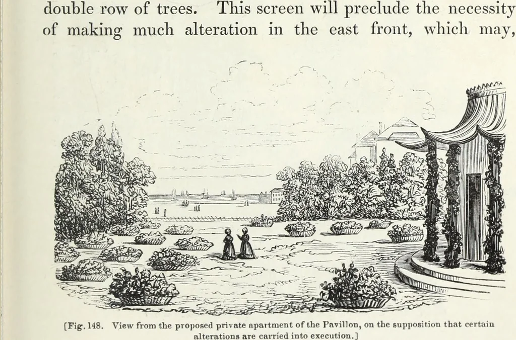 An illustration from The landscape gardening and landscape architecture of the late Humphry Repton, esq., being his entire works on these subjects : ...with historical and scientific introduction, a systematic analysis, a biographical notice, notes, and copious alphabetical index, 1840, leaf 444