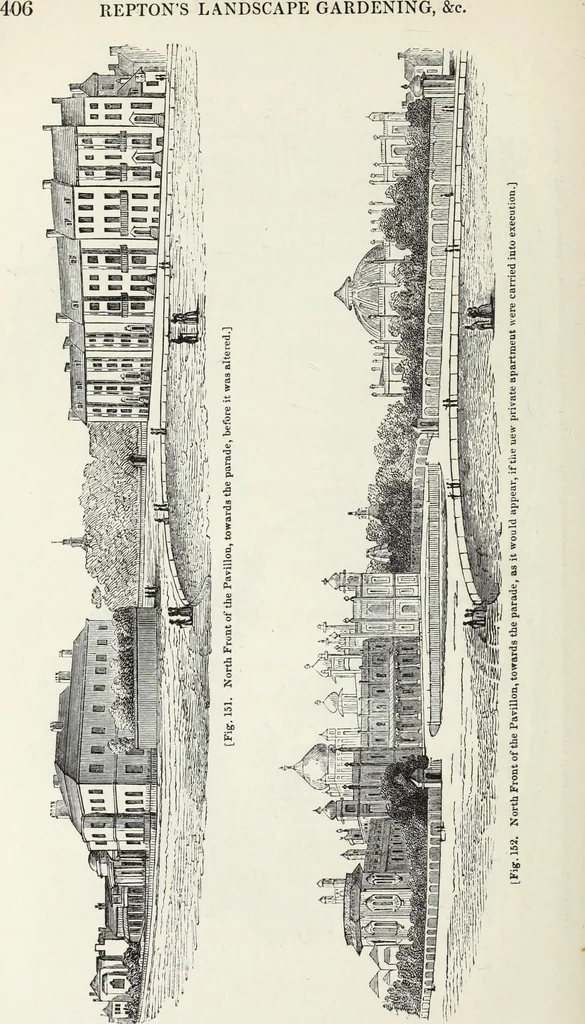 An illustration from The landscape gardening and landscape architecture of the late Humphry Repton, esq., being his entire works on these subjects : ...with historical and scientific introduction, a systematic analysis, a biographical notice, notes, and copious alphabetical index, 1840, leaf 447