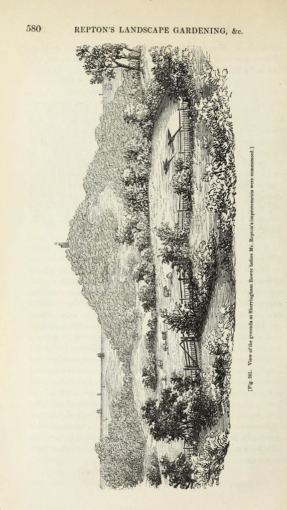 An illustration from The landscape gardening and landscape architecture of the late Humphry Repton, esq., being his entire works on these subjects : ...with historical and scientific introduction, a systematic analysis, a biographical notice, notes, and copious alphabetical index, 1840, leaf 621
