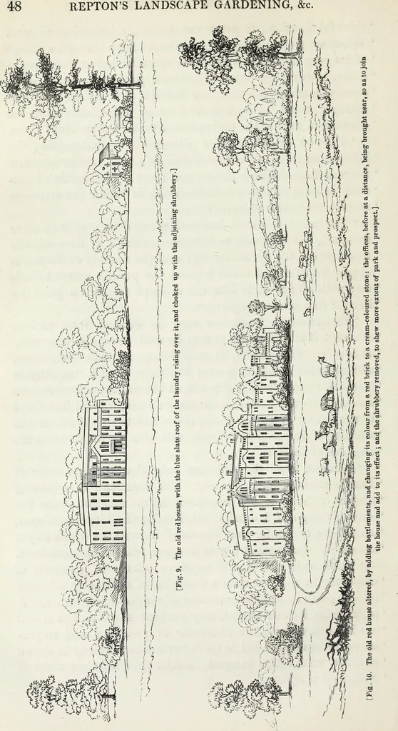 An illustration from The landscape gardening and landscape architecture of the late Humphry Repton, esq., being his entire works on these subjects : ...with historical and scientific introduction, a systematic analysis, a biographical notice, notes, and copious alphabetical index, 1840, leaf 89