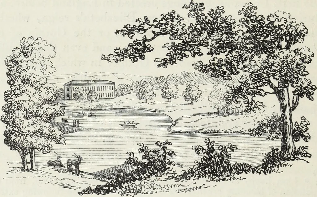 An illustration from The landscape gardening and landscape architecture of the late Humphry Repton, esq., being his entire works on these subjects : ...with historical and scientific introduction, a systematic analysis, a biographical notice, notes, and copious alphabetical index, 1840, leaf 95