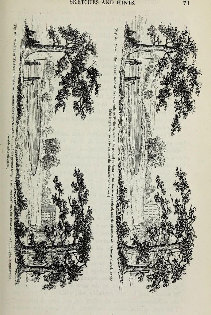 An illustration from The landscape gardening and landscape architecture of the late Humphry Repton, esq., being his entire works on these subjects : ...with historical and scientific introduction, a systematic analysis, a biographical notice, notes, and copious alphabetical index, 1840, leaf 112