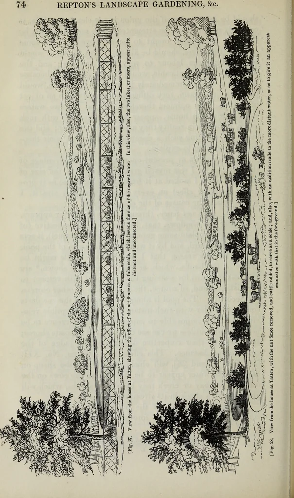 An illustration from The landscape gardening and landscape architecture of the late Humphry Repton, esq., being his entire works on these subjects : ...with historical and scientific introduction, a systematic analysis, a biographical notice, notes, and copious alphabetical index, 1840, leaf 115